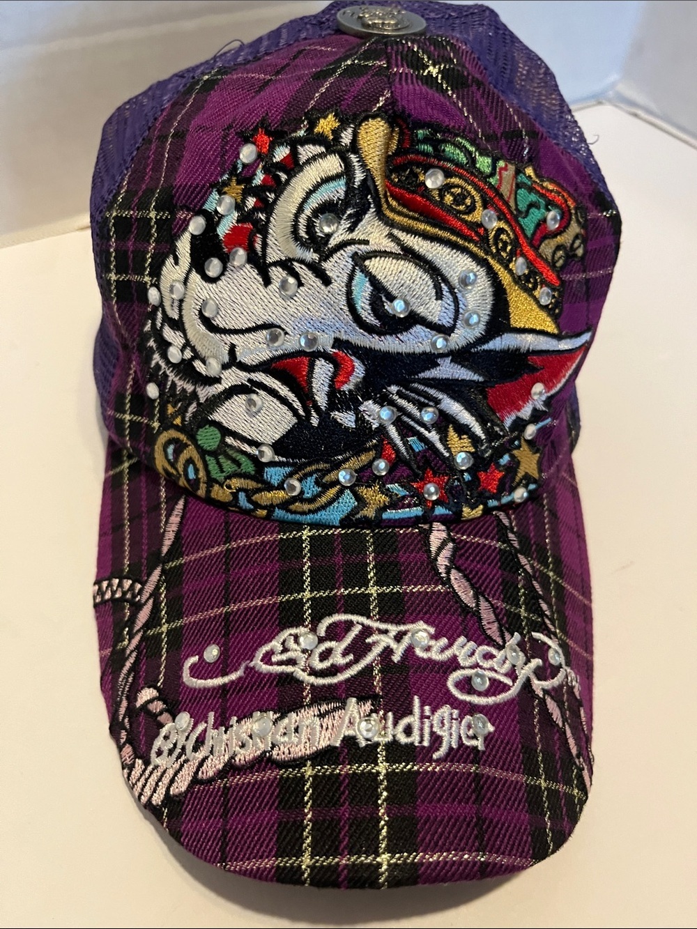 Ed Hardy Purple Plaid Trucker Cap by Christian Audigier Art to Wear Graphic